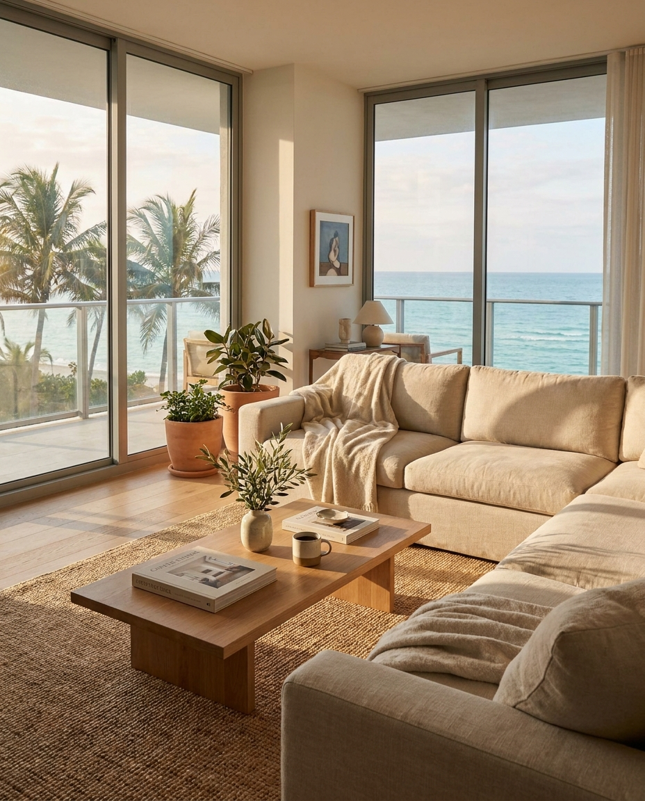 Luxury Miami short-term rental living room with ocean view
