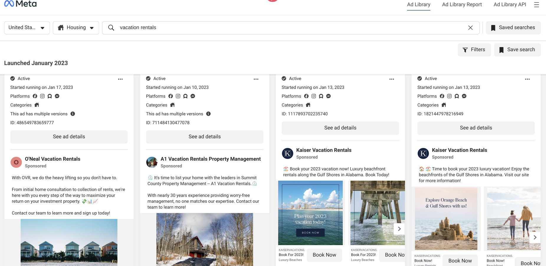 Facebook Ads Library for vacation rentals
