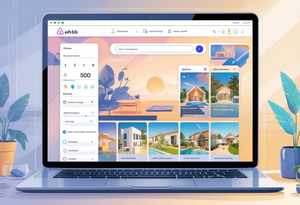 A laptop displaying a clean website interface for booking vacation rentals with images of various homes and search filters visible.