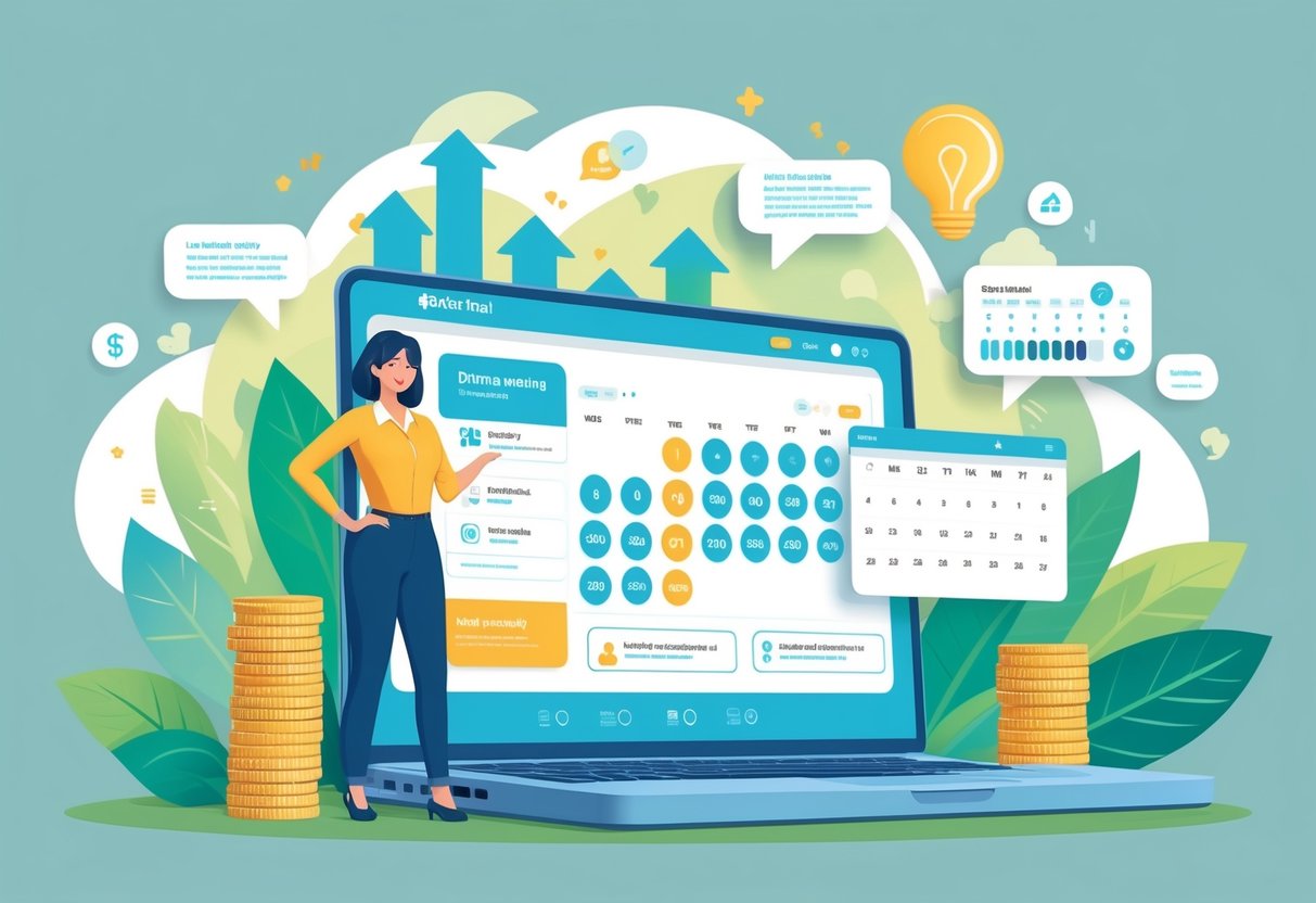 An Airbnb host standing next to a laptop showing a booking website, surrounded by icons of coins, chat bubbles, and a calendar representing benefits of direct bookings.