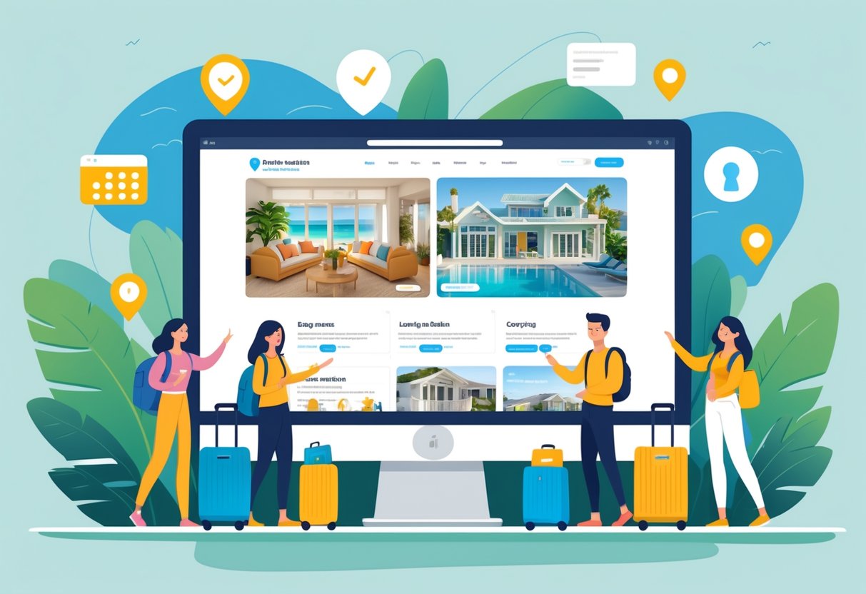 A digital illustration showing people using a vacation rental booking website on a large screen with images of homes and travel icons around them.