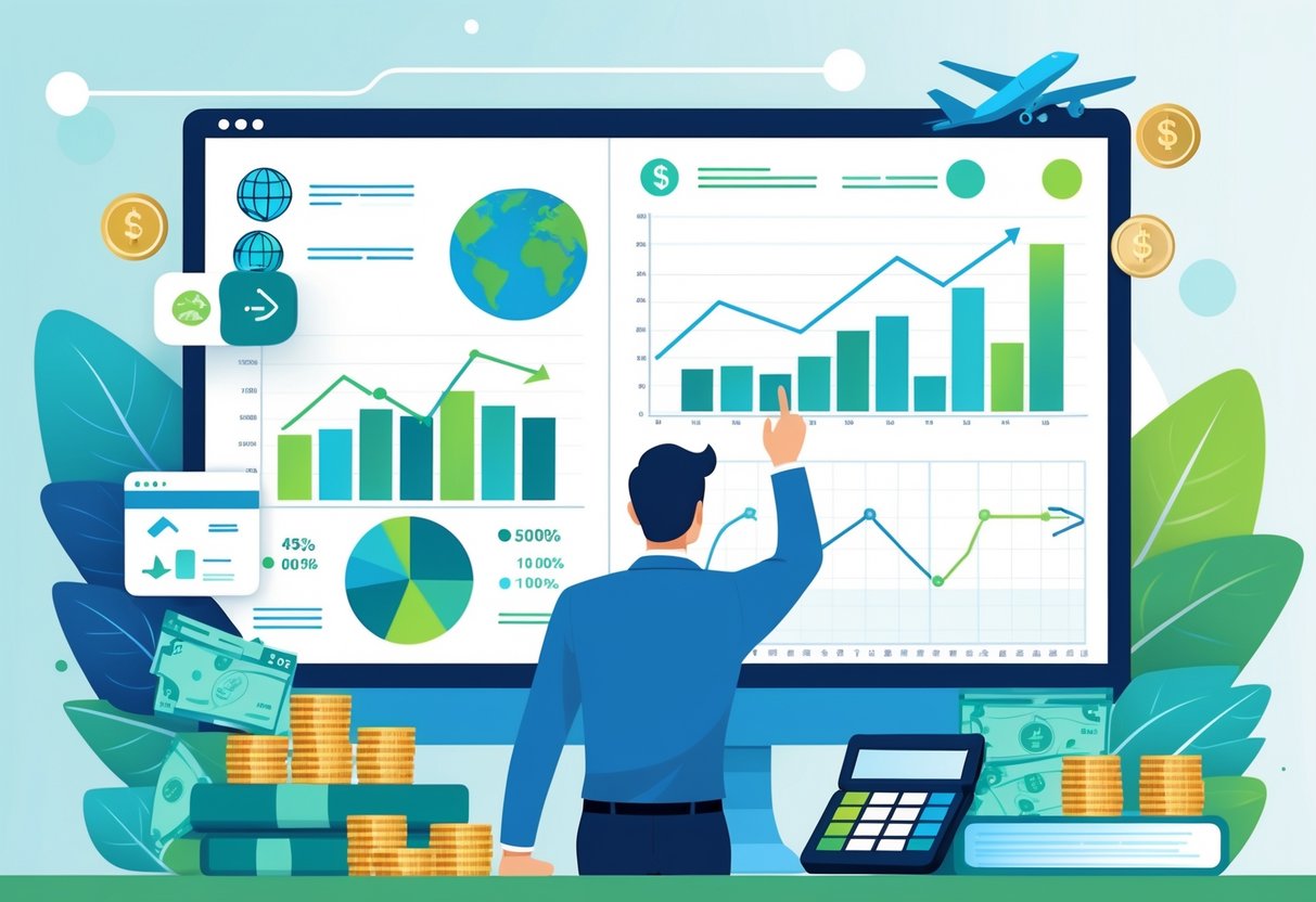 A businessperson analyzing financial charts on a digital screen with icons representing travel services, surrounded by coins and a calculator in a modern office.