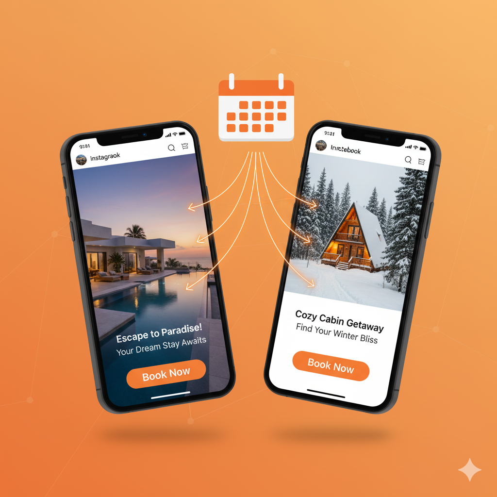 two mobile phones with social media profiles and a calendar connected depicting direct bookings from social media 