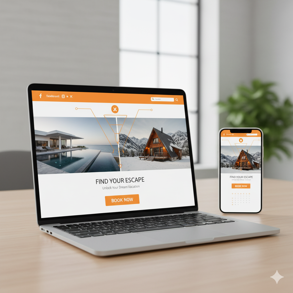 Landing page funnel visual showing guests converting from social media to booking.