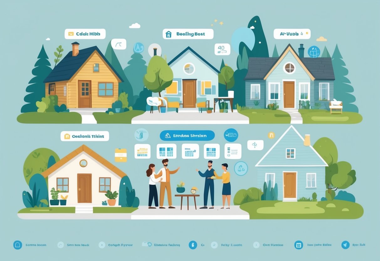 A group of hosts with different types of homes including a cabin, apartment, villa, and cottage, interacting with guests and preparing their spaces.