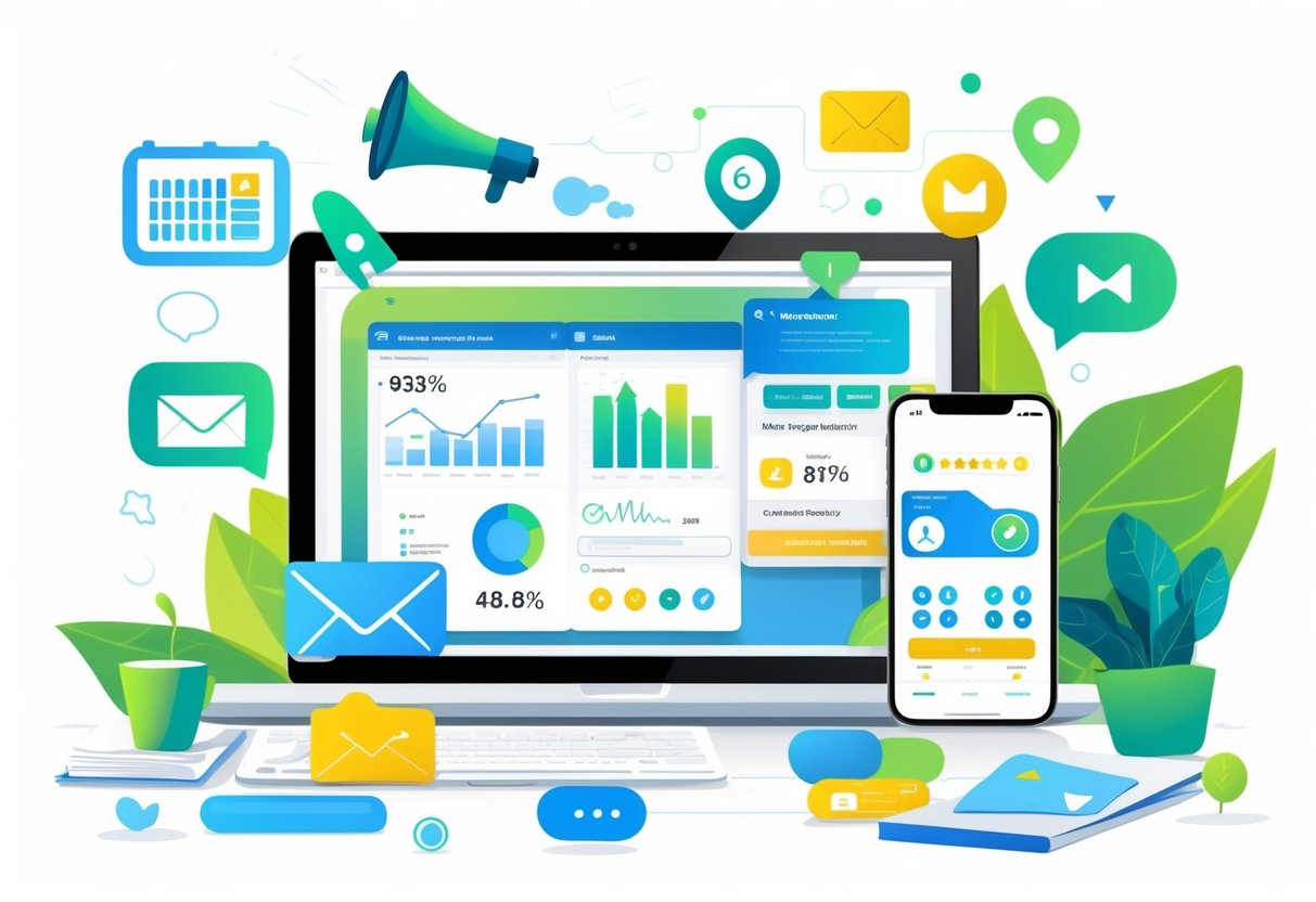 A workspace with a laptop, smartphone, and marketing icons representing tools for Airbnb hosts.