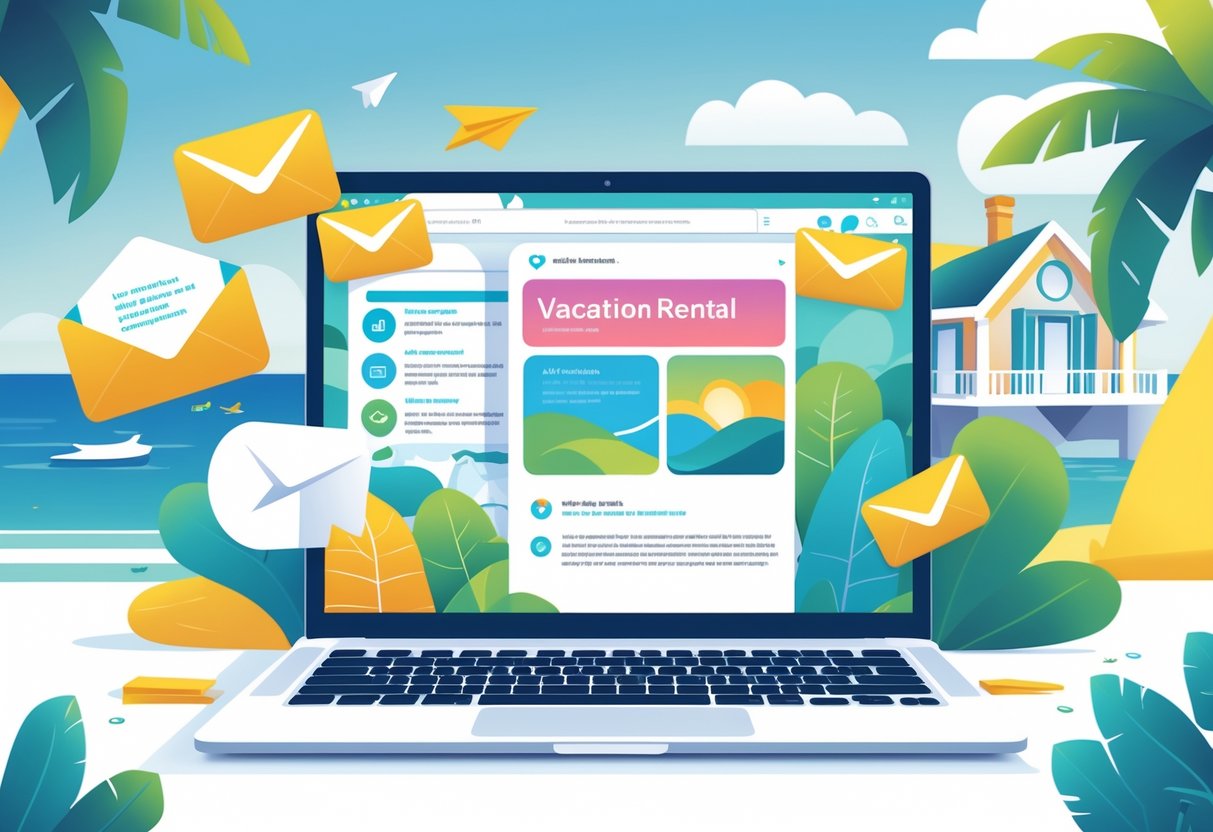 A laptop on a desk showing vacation rental email templates, with a vacation home and travel icons in the background.