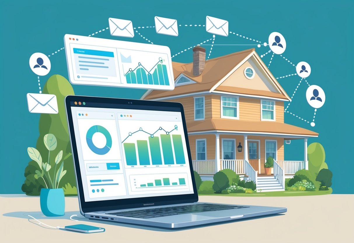 A laptop on a desk showing an email marketing dashboard with growth charts, surrounded by email icons and user avatars, with a vacation rental house in the background.