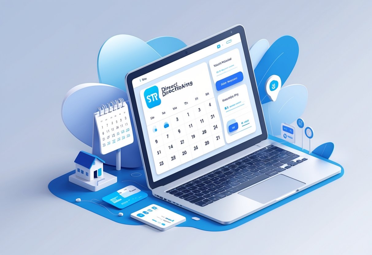 A laptop screen showing a booking interface with calendar dates, rental property icons, and booking confirmation symbols, surrounded by small icons representing a house, calendar, credit card, and location pin.