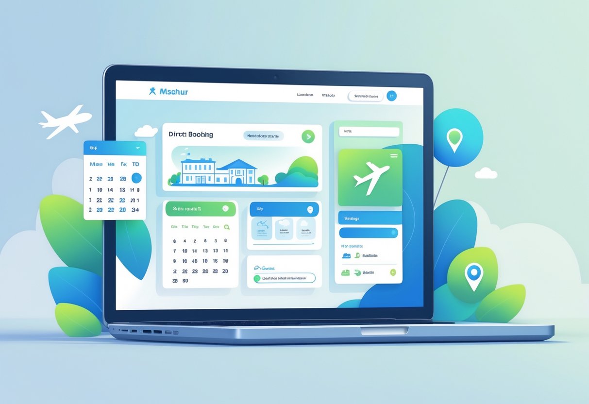 A laptop displaying a clean direct booking website interface with travel-related icons around it on a minimalist workspace.