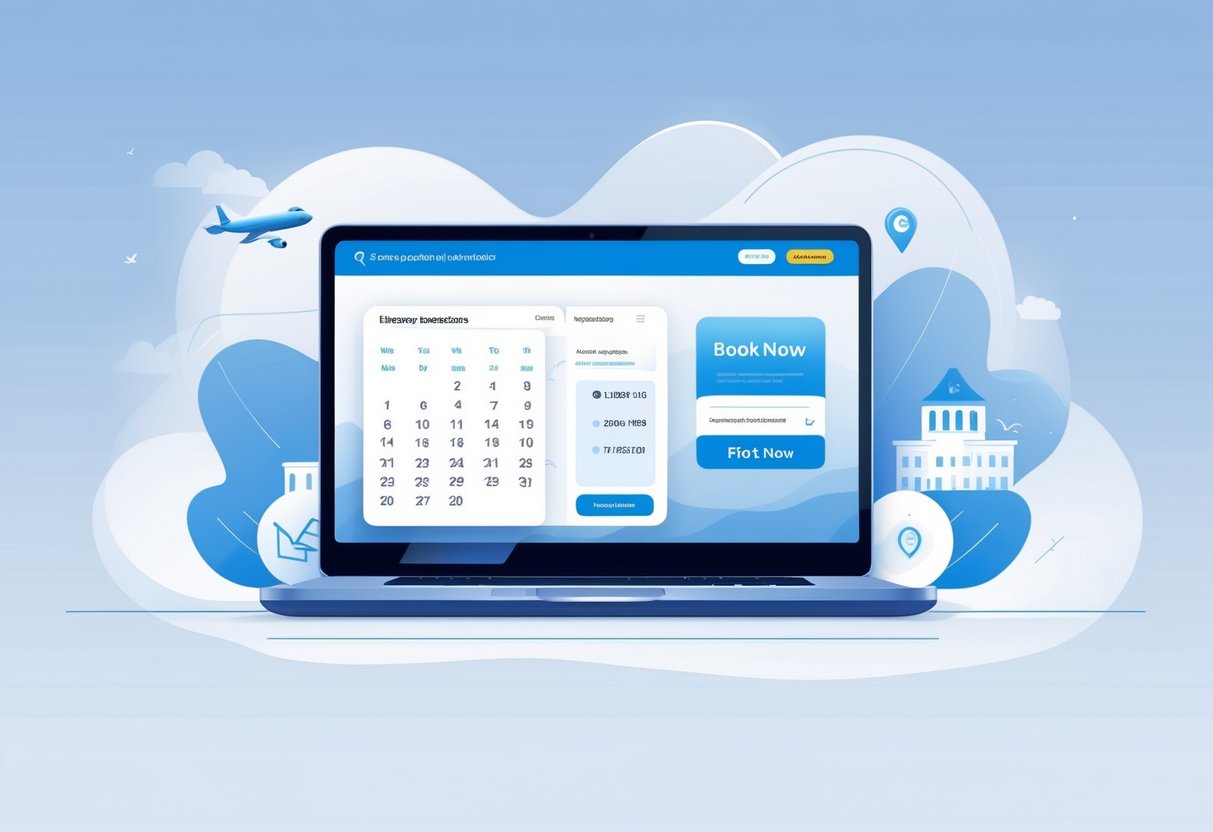 A laptop showing a clean booking interface with travel icons like a plane, hotel, location pin, and credit card around it.
