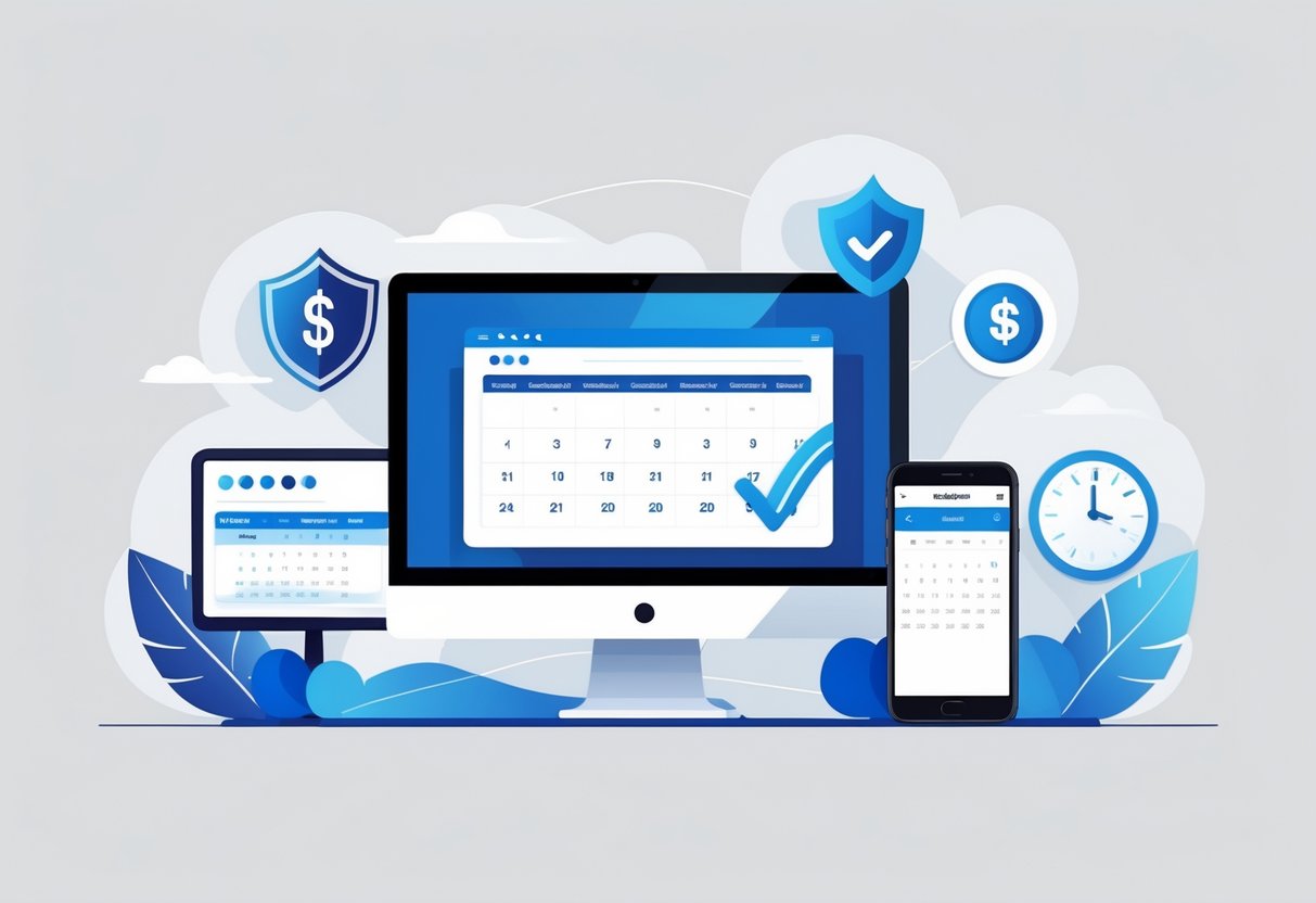 A computer and smartphone showing a booking interface, surrounded by icons representing security, savings, time efficiency, and trust.
