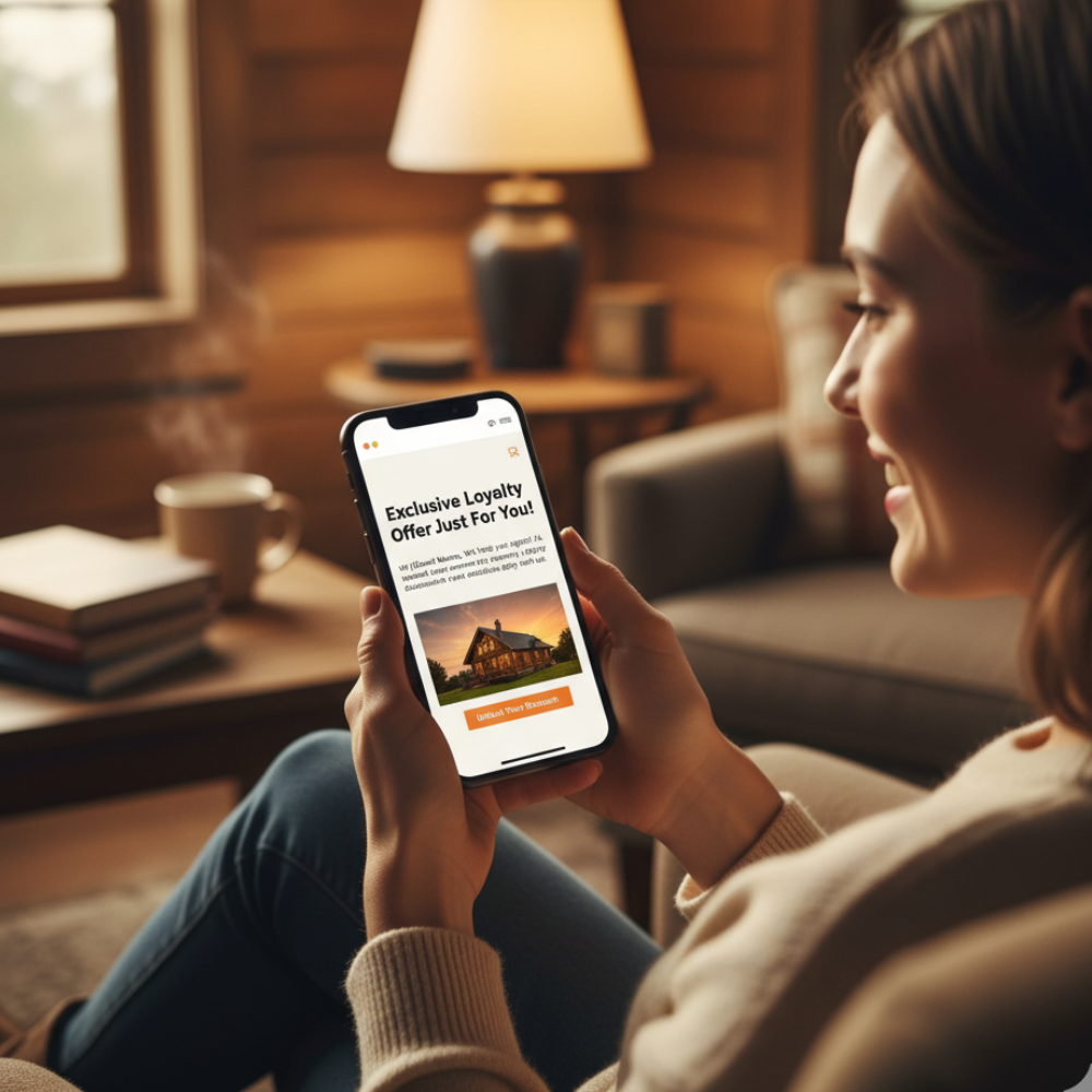 Person holding phone in cozy setting.